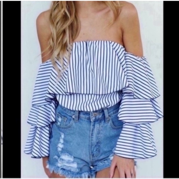 Aqua Tops - Aqua Blue and White Ruffled Off-Shoulder Blouse M